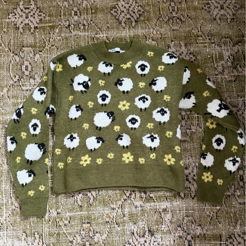 Zara Olive and Cream Knit Sweater